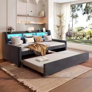 3 in 1 Twin Daybed with Pull Out Trundle, Velvet Upholstered Daybed with Storage Shelf, LED Light and Charging Station, Velvet Corner Twin to King Bed with Wood Slats for Bedroom/Guestroom/Dorm, Gray 3 in 1 Twin Daybed with Pull Out Trundle, Velvet Upholstered Daybed with Storage Shelf, LED Light and Charging Station, Velvet Corner Twin to King Bed with Wood Slats for Bedroom/Guestroom/Dorm, Gray