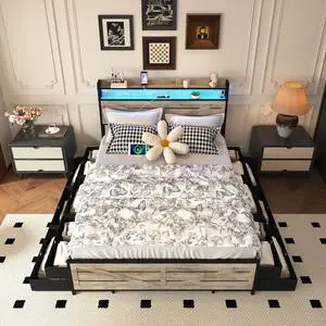 Full Upholstered Bed Frame with 12 Drawers, Metal Platform Bedframe with Storage Headboard with LED lights, Charging Station, Anti-slip Double Bed with Footboard, Sturdy Metal Slat Support, Gray Full Upholstered Bed Frame with 12 Drawers, Metal Platform Bedframe with Storage Headboard with LED lights, Charging Station, Anti-slip Double Bed with Footboard, Sturdy Metal Slat Support, Gray