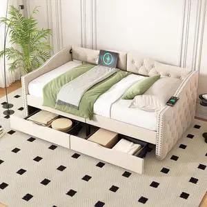 Twin Velvet Upholstered Daybed with Roll-Out Drawers, Button Tufted Day Bed with USB Charging Ports, Corner Single Bedframe with Solid Wood Slat Support, Guest Bed for Bedroom/Guestroom/Dorm,Beige Twin Velvet Upholstered Daybed with Roll-Out Drawers, Button Tufted Day Bed with USB Charging Ports, Corner Single Bedframe with Solid Wood Slat Support, Guest Bed for Bedroom/Guestroom/Dorm,Beige