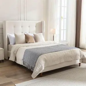 Queen Bed Frame with Wingback Headboard, 54" High Headboard Velvet Upholstered Double Bed Frame with Buttoned Tufting / Nailhead Trim Decor, Solid Wooden Slats Support, No Box Spring Needed, Ivory Queen Bed Frame with Wingback Headboard, 54" High Headboard Velvet Upholstered Double Bed Frame with Buttoned Tufting / Nailhead Trim Decor, Solid Wooden Slats Support, No Box Spring Needed, Ivory