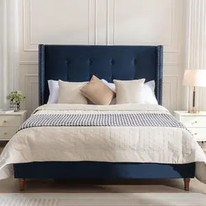 Queen Bed with Wingback Headboard, 54" High Headboard Velvet Upholstered Bed Frame with Buttoned Tufting / Nailhead Trim Decor, Double Bed with Solid Wooden Slats Support, No Box Spring Needed, Blue Queen Bed with Wingback Headboard, 54" High Headboard Velvet Upholstered Bed Frame with Buttoned Tufting / Nailhead Trim Decor, Double Bed with Solid Wooden Slats Support, No Box Spring Needed, Blue