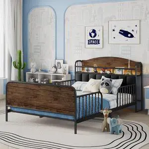 Full Metal Bed Frame with Soft Velvet Upholstered Headboard, Low Profile Platform Bed Frame with Headboard Storage Shelf and Light, Double Bed with Footboard and Guardrails, Noise Free, Black Full Metal Bed Frame with Soft Velvet Upholstered Headboard, Low Profile Platform Bed Frame with Headboard Storage Shelf and Light, Double Bed with Footboard and Guardrails, Noise Free, Black