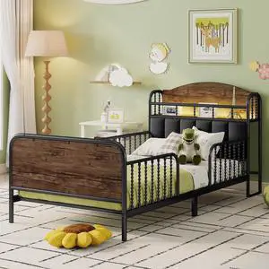 Twin Metal Bed Frame with Soft Velvet Upholstered Headboard, Low Profile Platform Bed Frame with Headboard Storage Shelf and Light, Single Bed with Footboard and Guardrails, Noise Free, Black Twin Metal Bed Frame with Soft Velvet Upholstered Headboard, Low Profile Platform Bed Frame with Headboard Storage Shelf and Light, Single Bed with Footboard and Guardrails, Noise Free, Black