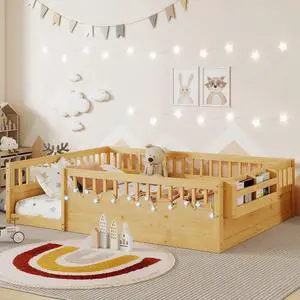 Full Floor Bed with High Rails, Wood Montessori Bed Frame with Storage Shelf and Light, No Box Spring Needed, Easy Assembly, Natural Full Floor Bed with High Rails, Wood Montessori Bed Frame with Storage Shelf and Light, No Box Spring Needed, Easy Assembly, Natural
