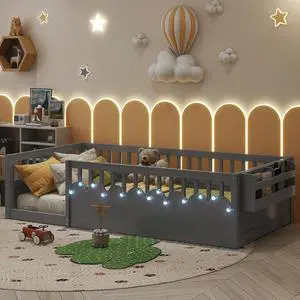 Twin Floor Bed with High Rails, Wood Montessori Bed Frame with Storage Shelf and Light, No Box Spring Needed, Easy Assembly, Grey Twin Floor Bed with High Rails, Wood Montessori Bed Frame with Storage Shelf and Light, No Box Spring Needed, Easy Assembly, Grey