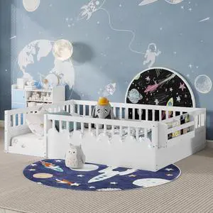 Full Floor Bed with High Rails, Wood Montessori Bed Frame with Storage Shelf and Light, No Box Spring Needed, Easy Assembly, White Full Floor Bed with High Rails, Wood Montessori Bed Frame with Storage Shelf and Light, No Box Spring Needed, Easy Assembly, White