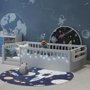 Twin Floor Bed with High Rails, Wood Montessori Bed Frame with Storage Shelf and Light, No Box Spring Needed, Easy Assembly, White Twin Floor Bed with High Rails, Wood Montessori Bed Frame with Storage Shelf and Light, No Box Spring Needed, Easy Assembly, White