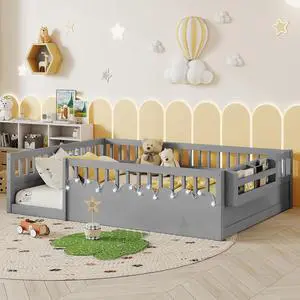 Full Floor Bed with High Rails, Wood Montessori Bed Frame with Storage Shelf and Light, No Box Spring Needed, Easy Assembly, Grey Full Floor Bed with High Rails, Wood Montessori Bed Frame with Storage Shelf and Light, No Box Spring Needed, Easy Assembly, Grey