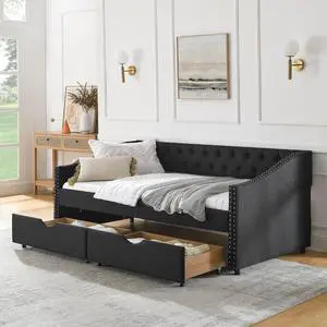 Twin Size Velvet Daybed with Drawers,Upholstered Day Bed with Storage and Copper Nailhead Trim,Button Tufted Mid-Century Corner Bed Frame with Waved Shape Arms,Living Room,Home,Office,Guest Room,Black Twin Size Velvet Daybed with Drawers,Upholstered Day Bed with Storage and Copper Nailhead Trim,Button Tufted Mid-Century Corner Bed Frame with Waved Shape Arms,Living Room,Home,Office,Guest Room,Black