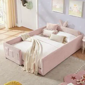 Full Size Boucle Upholstered Floor Bed, Princess Platform Bed with Cute Rabbit Ear Shaped Headboard, Safety Rail and Pockets, Soft Double Bedframe for Girls and Boys Bedroom, Easy to Assemble, Pink Full Size Boucle Upholstered Floor Bed, Princess Platform Bed with Cute Rabbit Ear Shaped Headboard, Safety Rail and Pockets, Soft Double Bedframe for Girls and Boys Bedroom, Easy to Assemble, Pink