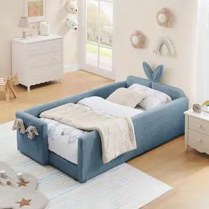 Twin Size Boucle Upholstered Floor Bed, Princess Platform Bed with Cute Rabbit Ear Shaped Headboard, Safety Rail and Pockets, Soft Single Bedframe for Girls Boys Bedroom, Easy to Assemble, Sky Blue Twin Size Boucle Upholstered Floor Bed, Princess Platform Bed with Cute Rabbit Ear Shaped Headboard, Safety Rail and Pockets, Soft Single Bedframe for Girls Boys Bedroom, Easy to Assemble, Sky Blue