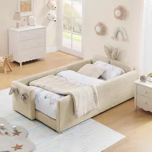 Twin Size Boucle Upholstered Floor Bed, Princess Platform Bed with Cute Rabbit Ear Shaped Headboard, Safety Rail and Pockets, Soft Single Bedframe for Girls and Boys Bedroom, Easy to Assemble, Camel Twin Size Boucle Upholstered Floor Bed, Princess Platform Bed with Cute Rabbit Ear Shaped Headboard, Safety Rail and Pockets, Soft Single Bedframe for Girls and Boys Bedroom, Easy to Assemble, Camel