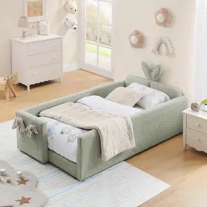 Twin Size Boucle Upholstered Floor Bed, Princess Platform Bed with Cute Rabbit Ear Shaped Headboard, Safety Rail and Pockets, Soft Single Bedframe for Girls and Boys Bedroom, Easy to Assemble, Cyan Twin Size Boucle Upholstered Floor Bed, Princess Platform Bed with Cute Rabbit Ear Shaped Headboard, Safety Rail and Pockets, Soft Single Bedframe for Girls and Boys Bedroom, Easy to Assemble, Cyan