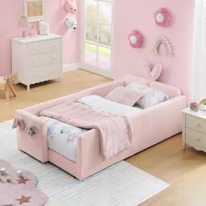 Twin Size Boucle Upholstered Floor Bed, Princess Platform Bed with Cute Rabbit Ear Shaped Headboard, Safety Rail and Pockets, Soft Single Bedframe for Girls and Boys Bedroom, Easy to Assemble, Pink Twin Size Boucle Upholstered Floor Bed, Princess Platform Bed with Cute Rabbit Ear Shaped Headboard, Safety Rail and Pockets, Soft Single Bedframe for Girls and Boys Bedroom, Easy to Assemble, Pink