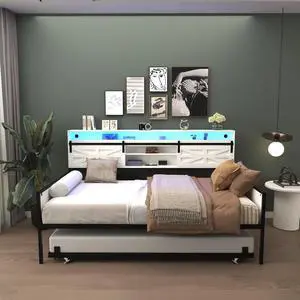 Wooden Twin Daybed with Trundle, Day Bed Frame with Sliding Barn Door Headboard and Storage Shelves, Farmhouse Daybed with Charging Station & LED Light for Bedroom and Guest Room, Glossy White Wooden Twin Daybed with Trundle, Day Bed Frame with Sliding Barn Door Headboard and Storage Shelves, Farmhouse Daybed with Charging Station & LED Light for Bedroom and Guest Room, Glossy White