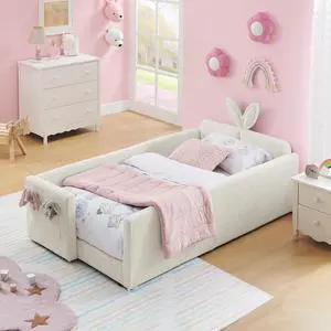 Twin Size Boucle Upholstered Floor Bed, Princess Platform Bed with Cute Rabbit Ear Shaped Headboard, Safety Rail and Pockets, Soft Single Bedframe for Girls and Boys Bedroom, Easy to Assemble, Beige Twin Size Boucle Upholstered Floor Bed, Princess Platform Bed with Cute Rabbit Ear Shaped Headboard, Safety Rail and Pockets, Soft Single Bedframe for Girls and Boys Bedroom, Easy to Assemble, Beige