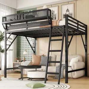 Full Size Loft Bed with Stairs, Metal High Loft Bed with Storage Shelf, Full-Length Guardrail for Kids Teens Small Space Bedroom Guest Room, Black Full Size Loft Bed with Stairs, Metal High Loft Bed with Storage Shelf, Full-Length Guardrail for Kids Teens Small Space Bedroom Guest Room, Black