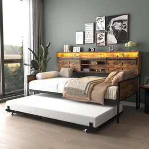 Wooden Twin Daybed with Trundle, Day Bed Frame with Sliding Barn Door Headboard and Storage Shelves, Farmhouse Daybed with Charging Station & LED Light for Bedroom and Guest Room, Rustic Brown Wooden Twin Daybed with Trundle, Day Bed Frame with Sliding Barn Door Headboard and Storage Shelves, Farmhouse Daybed with Charging Station & LED Light for Bedroom and Guest Room, Rustic Brown