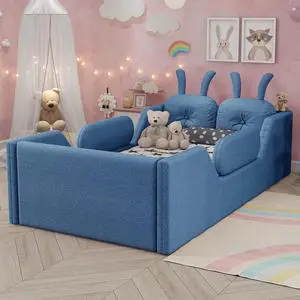 Twin Floor Bed with Removable Side Rails, Upholstered Platform Bedframe with Removable Cushion and Washable Cushion Cover, Boys Girls Single Bed with Safety Rail and Rabbit Shaped Back Pillows, Blue Twin Floor Bed with Removable Side Rails, Upholstered Platform Bedframe with Removable Cushion and Washable Cushion Cover, Boys Girls Single Bed with Safety Rail and Rabbit Shaped Back Pillows, Blue