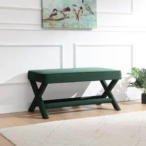 Comfy Entryway Bench, Velvet Upholstered Footstool with Stylish X-Crossed Legs, Piping, Window Bench, Sofa Side Footrest for Bedroom, Living Room, Dorm, Green Comfy Entryway Bench, Velvet Upholstered Footstool with Stylish X-Crossed Legs, Piping, Window Bench, Sofa Side Footrest for Bedroom, Living Room, Dorm, Green