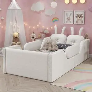 Twin Floor Bed with Removable Side Rails, Upholstered Platform Bedframe with Removable Cushion and Washable Cushion Cover, Boys Girls Single Bed with Safety Rail and Rabbit Shaped Back Pillows, White Twin Floor Bed with Removable Side Rails, Upholstered Platform Bedframe with Removable Cushion and Washable Cushion Cover, Boys Girls Single Bed with Safety Rail and Rabbit Shaped Back Pillows, White