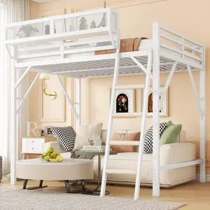Queen Size Loft Bed with Stairs, Metal High Loft Bed with Storage Shelf, Full-Length Guardrail for Kids Teens Small Space Bedroom Guest Room, White Queen Size Loft Bed with Stairs, Metal High Loft Bed with Storage Shelf, Full-Length Guardrail for Kids Teens Small Space Bedroom Guest Room, White
