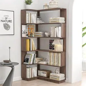 5 Tier Corner Bookshelf with Side Panels, 64.56" L Shaped Wood Bookcase with Round Edge, Left Corner Display Shelving for Living Room Office Bedroom Decor Organizer, Media Storage Shelves, Dark Brown 5 Tier Corner Bookshelf with Side Panels, 64.56" L Shaped Wood Bookcase with Round Edge, Left Corner Display Shelving for Living Room Office Bedroom Decor Organizer, Media Storage Shelves, Dark Brown