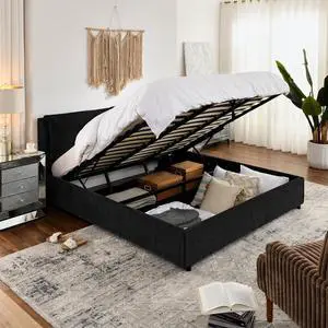 King Lift Up Storage Bed Frame, Chenille Upholstered Hydraulic Bed with Tufted Headboard, Soft Platform Cloud Bed with Storage Underneath, Strong Wooden Slats Support, Black King Lift Up Storage Bed Frame, Chenille Upholstered Hydraulic Bed with Tufted Headboard, Soft Platform Cloud Bed with Storage Underneath, Strong Wooden Slats Support, Black