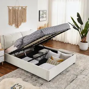 Queen Lift Up Storage Bed Frame, Chenille Upholstered Hydraulic Bed with Tufted Headboard, Soft Platform Cloud Bed with Storage Underneath, Strong Wooden Slats Support, Beige Queen Lift Up Storage Bed Frame, Chenille Upholstered Hydraulic Bed with Tufted Headboard, Soft Platform Cloud Bed with Storage Underneath, Strong Wooden Slats Support, Beige