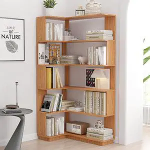 5 Tier Corner Bookshelf with Side Panels, 64.56" L Shaped Wood Bookcase with Round Edge, Left Corner Display Shelf for Living Room Office Bedroom Decor Organizer, Media Storage Shelves, Dark Oak 5 Tier Corner Bookshelf with Side Panels, 64.56" L Shaped Wood Bookcase with Round Edge, Left Corner Display Shelf for Living Room Office Bedroom Decor Organizer, Media Storage Shelves, Dark Oak