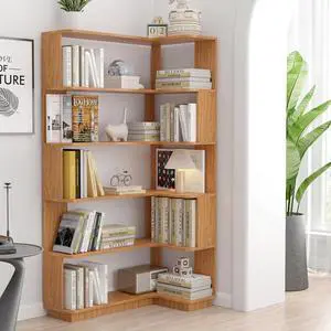 5 Tier Corner Bookshelf with Side Panels, 64.56" L Shaped Wood Bookcase with Round Edge, Right Corner Display Shelving for Living Room Office Bedroom Decor Organizer, Media Storage Shelves, Dark Oak 5 Tier Corner Bookshelf with Side Panels, 64.56" L Shaped Wood Bookcase with Round Edge, Right Corner Display Shelving for Living Room Office Bedroom Decor Organizer, Media Storage Shelves, Dark Oak