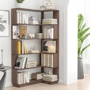 5 Tier Corner Bookshelf with Side Panels, 64.56" L Shaped Wood Bookcase with Round Edge, Right Corner Display Shelving for Living Room Office Bedroom Decor Organizer, Media Storage Shelves, Dark Brown 5 Tier Corner Bookshelf with Side Panels, 64.56" L Shaped Wood Bookcase with Round Edge, Right Corner Display Shelving for Living Room Office Bedroom Decor Organizer, Media Storage Shelves, Dark Brown
