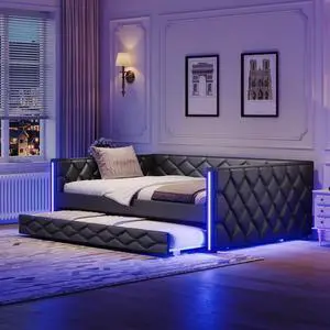 PU Upholstered Trundle Bed Full XL, Button Tufted Daybed with Trundle and LED, Space-Saving Mid-Century Corner Beds for Kids Teens Adult Bedroom & Guestroom, Study Room, Eesy to Clean, Brown PU Upholstered Trundle Bed Full XL, Button Tufted Daybed with Trundle and LED, Space-Saving Mid-Century Corner Beds for Kids Teens Adult Bedroom & Guestroom, Study Room, Eesy to Clean, Brown