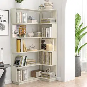 5 Tier Corner Bookshelf with Side Panels, 64.56" L Shaped Wood Bookcase with Round Edge, Right Corner Display Shelving for Living Room Office Bedroom Decor Organizer, Media Storage Shelves, White 5 Tier Corner Bookshelf with Side Panels, 64.56" L Shaped Wood Bookcase with Round Edge, Right Corner Display Shelving for Living Room Office Bedroom Decor Organizer, Media Storage Shelves, White
