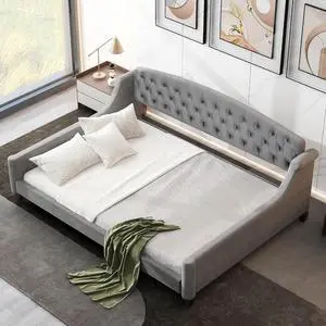 Full Size Upholstered Daybed, Tufted Button Daybed Frame, Velvet Corner Sofa Bed Floor Bed Frame for Kids Teens Adults, Bedroom Furniture, Noise-Free, Easy Assembly, Gray Full Size Upholstered Daybed, Tufted Button Daybed Frame, Velvet Corner Sofa Bed Floor Bed Frame for Kids Teens Adults, Bedroom Furniture, Noise-Free, Easy Assembly, Gray