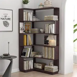 5 Tier Corner Bookshelf with Side Panels, 64.56" L Shaped Wood Bookcase with Round Edge, Left Corner Display Shelf for Living Room Office Bedroom Decor Organizer, Media Storage Shelves, Ox Blood Red 5 Tier Corner Bookshelf with Side Panels, 64.56" L Shaped Wood Bookcase with Round Edge, Left Corner Display Shelf for Living Room Office Bedroom Decor Organizer, Media Storage Shelves, Ox Blood Red