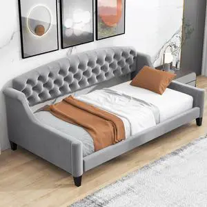 Twin Size Upholstered Daybed, Tufted Button Daybed Frame, Velvet Corner Sofa Bed Floor Bed Frame for Kids Teens Adults, Bedroom Furniture, Noise-Free, Easy Assembly, Gray Twin Size Upholstered Daybed, Tufted Button Daybed Frame, Velvet Corner Sofa Bed Floor Bed Frame for Kids Teens Adults, Bedroom Furniture, Noise-Free, Easy Assembly, Gray