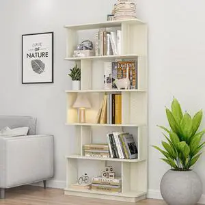 5 Tier Bookshelf with Side Panels, 64.56" Wooden Bookcase with Round Edge, Open Storage Display Shelving for Living Room Home Office Bedroom Decor Organizer, Media Storage Shelves, White 5 Tier Bookshelf with Side Panels, 64.56" Wooden Bookcase with Round Edge, Open Storage Display Shelving for Living Room Home Office Bedroom Decor Organizer, Media Storage Shelves, White