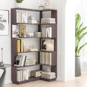 5 Tier Corner Bookshelf with Side Panels, 64.56" L Shaped Wood Bookcase with Round Edge, Right Corner Display Shelf for Living Room Office Bedroom Decor Organizer, Media Storage Shelves, Ox Blood Red 5 Tier Corner Bookshelf with Side Panels, 64.56" L Shaped Wood Bookcase with Round Edge, Right Corner Display Shelf for Living Room Office Bedroom Decor Organizer, Media Storage Shelves, Ox Blood Red