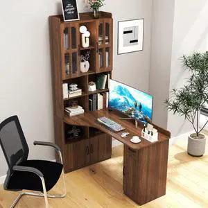 L Shaped Desk with Hutch, 42" Corner Desk Hutch with Shelves, Farmhouse Computer Desk with Drawer for Work and Study, Storage Cabinet with Glass Door, Large Working Space,Walnut L Shaped Desk with Hutch, 42" Corner Desk Hutch with Shelves, Farmhouse Computer Desk with Drawer for Work and Study, Storage Cabinet with Glass Door, Large Working Space,Walnut
