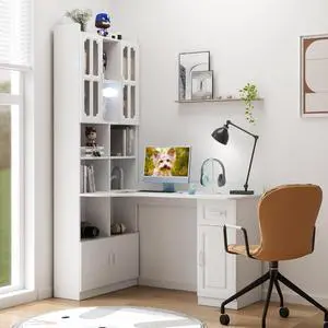 L Shaped Desk with Hutch, 42" Corner Desk Hutch with Shelves, Farmhouse Computer Desk with Drawer for Work and Study, Storage Cabinet with Glass Door, Large Working Space,White L Shaped Desk with Hutch, 42" Corner Desk Hutch with Shelves, Farmhouse Computer Desk with Drawer for Work and Study, Storage Cabinet with Glass Door, Large Working Space,White