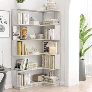 5 Tier Corner Bookshelf with Side Panels, 64.55" L Shaped Wood Bookcase with Round Edge, Right Corner Display Shelving for Living Room Office Bedroom Decor Organizer, Media Storage Shelves, Light Gray 5 Tier Corner Bookshelf with Side Panels, 64.55" L Shaped Wood Bookcase with Round Edge, Right Corner Display Shelving for Living Room Office Bedroom Decor Organizer, Media Storage Shelves, Light Gray