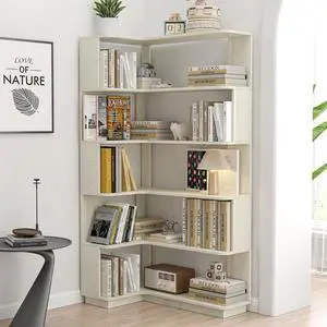 5 Tier Corner Bookshelf with Side Panels, 64.56" L Shaped Wood Bookcase with Round Edge, Left Corner Display Shelf for Living Room Office Bedroom Decor Organizer, Media Storage Shelves, White 5 Tier Corner Bookshelf with Side Panels, 64.56" L Shaped Wood Bookcase with Round Edge, Left Corner Display Shelf for Living Room Office Bedroom Decor Organizer, Media Storage Shelves, White