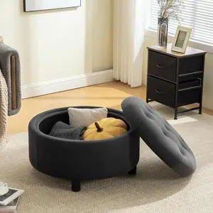 29.33" Round Storage Ottoman Table, Upholstered Storage Stool with Reversible Lid, Waterproof Wooden Cover, Comfy Button Tufted Footstool, Sofa Side Table for Living room, Bedroom and Office, Gray 29.33" Round Storage Ottoman Table, Upholstered Storage Stool with Reversible Lid, Waterproof Wooden Cover, Comfy Button Tufted Footstool, Sofa Side Table for Living room, Bedroom and Office, Gray