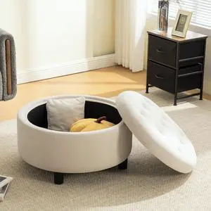 29.33" Round Storage Ottoman Table, Upholstered Storage Stool with Reversible Lid, Waterproof Wooden Cover, Comfy Button Tufted Footstool, Sofa Side Table for Living room, Bedroom and Office, Beige 29.33" Round Storage Ottoman Table, Upholstered Storage Stool with Reversible Lid, Waterproof Wooden Cover, Comfy Button Tufted Footstool, Sofa Side Table for Living room, Bedroom and Office, Beige