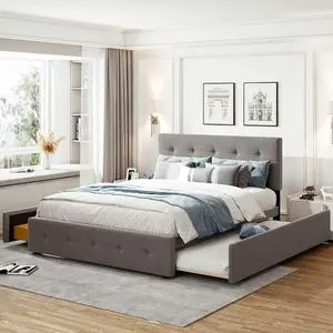 Queen Size Platform Bed with Twin XL Trundle and 2 Drawers, Linen Upholstered Bed Frame with Solid Wooden Slats, Double Bed with Button Tufted Headboard and Footboard, No Box Spring Needed, Light Gray Queen Size Platform Bed with Twin XL Trundle and 2 Drawers, Linen Upholstered Bed Frame with Solid Wooden Slats, Double Bed with Button Tufted Headboard and Footboard, No Box Spring Needed, Light Gray