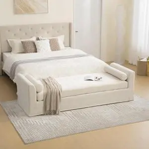 88.5" End of Bed Bench with Hidden Foot, Extra Large Couch Ottoman with Armrest, Chenille Upholstered Chaise Lounge with Rolled Pillows, Footstool For Living Room, Entryway, Dormitory, Bedroom, Beige 88.5" End of Bed Bench with Hidden Foot, Extra Large Couch Ottoman with Armrest, Chenille Upholstered Chaise Lounge with Rolled Pillows, Footstool For Living Room, Entryway, Dormitory, Bedroom, Beige