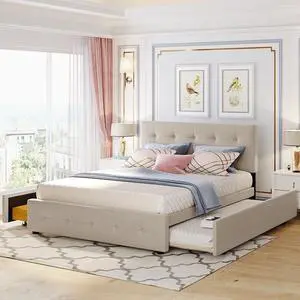 Queen Size Platform Bed with Twin XL Trundle and 2 Drawers, Linen Upholstered Bed Frame with Solid Wooden Slats, Double Bed with Button Tufted Headboard and Footboard, No Box Spring Needed, Beige Queen Size Platform Bed with Twin XL Trundle and 2 Drawers, Linen Upholstered Bed Frame with Solid Wooden Slats, Double Bed with Button Tufted Headboard and Footboard, No Box Spring Needed, Beige