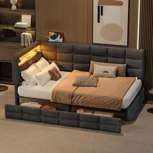 L Shaped Twin Daybed Frame with Storage, Upholstered Daybed with 2 Drawers and Charging Station, Corner Day Bed Frame with LED Lights and Storage Headboard, No Box-Spring Needed, Black L Shaped Twin Daybed Frame with Storage, Upholstered Daybed with 2 Drawers and Charging Station, Corner Day Bed Frame with LED Lights and Storage Headboard, No Box-Spring Needed, Black