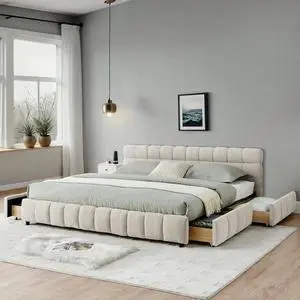 California King Platform Bed Frame with 4 Drawers, Chenille Upholstered Bed with Storage Underneath, Luxury Floor Double Bed with Headboard and Solid Wooden Slat Support, Bedroom Furniture,Beige California King Platform Bed Frame with 4 Drawers, Chenille Upholstered Bed with Storage Underneath, Luxury Floor Double Bed with Headboard and Solid Wooden Slat Support, Bedroom Furniture,Beige